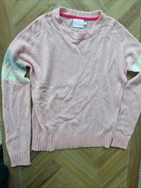 Brodie Cashmere Pink Crewneck Sweater with Cream & Gray Sleeve Stripes